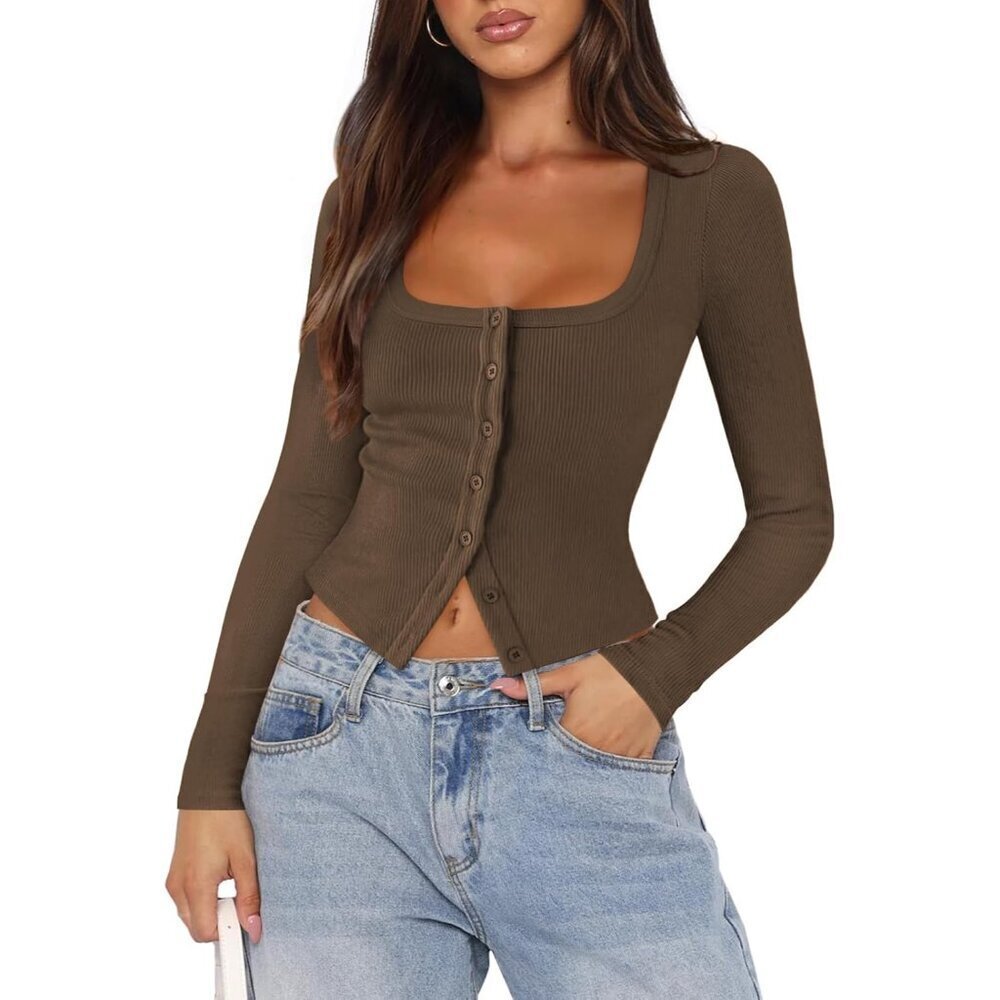 Women’s Knit Ribbed Fitted Button Down Cardigan Long Sleeve Fall Tops